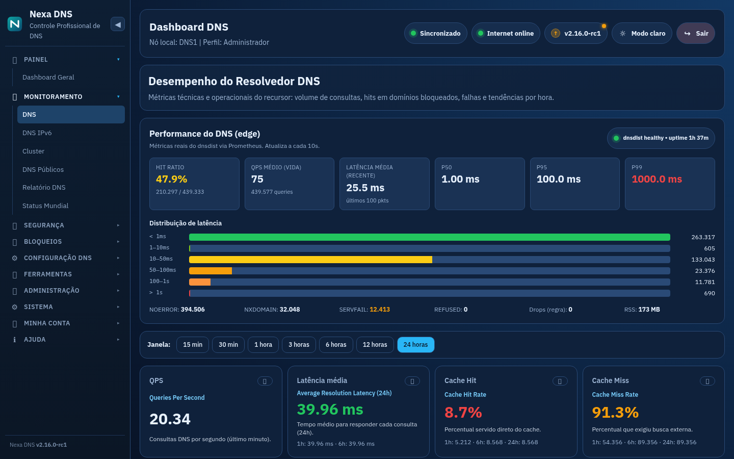 Dashboard DNS com KPIs de performance