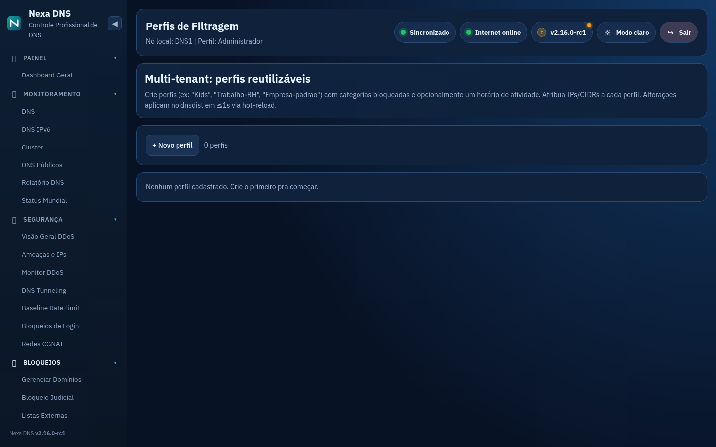 Página de Perfis de Filtragem multi-tenant
