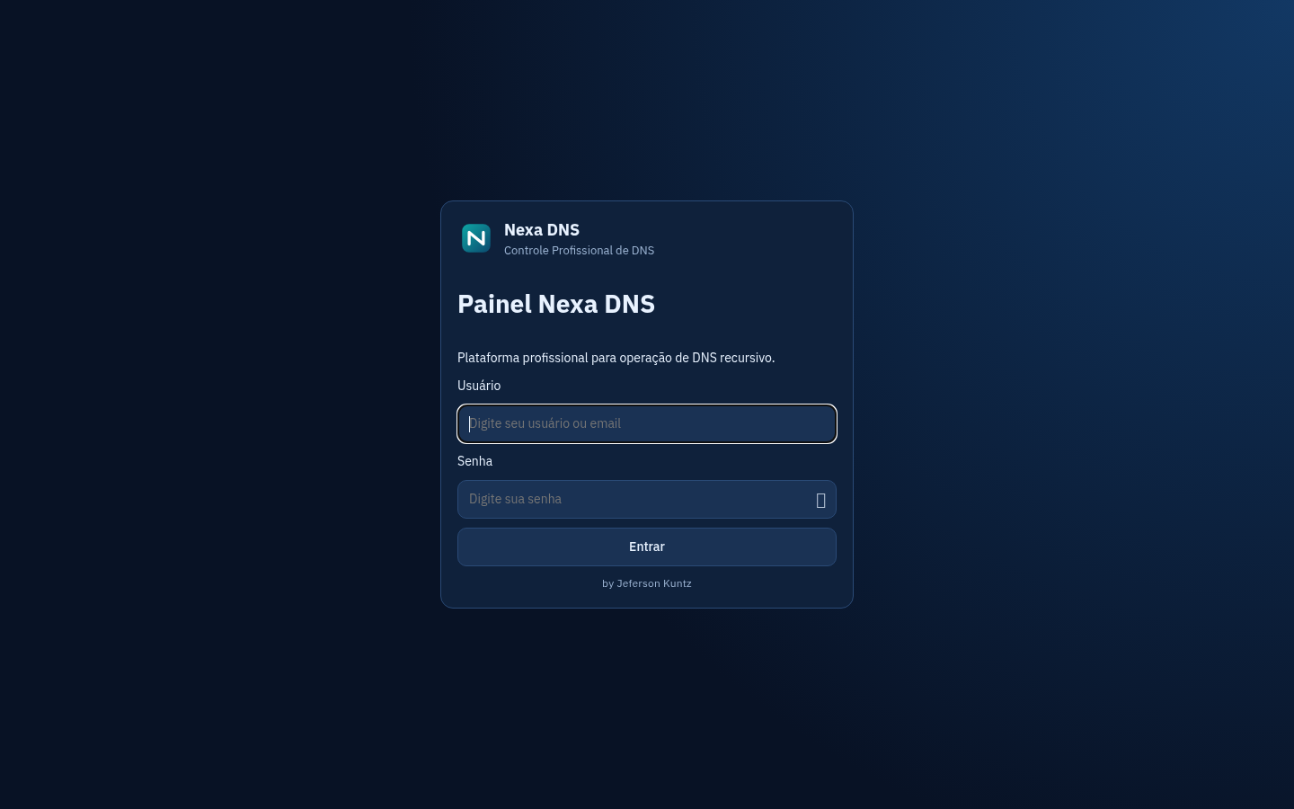 Tela de login do painel Nusere DNS