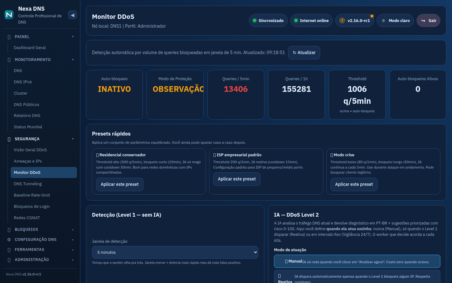 Monitor DDoS com presets e camada de IA